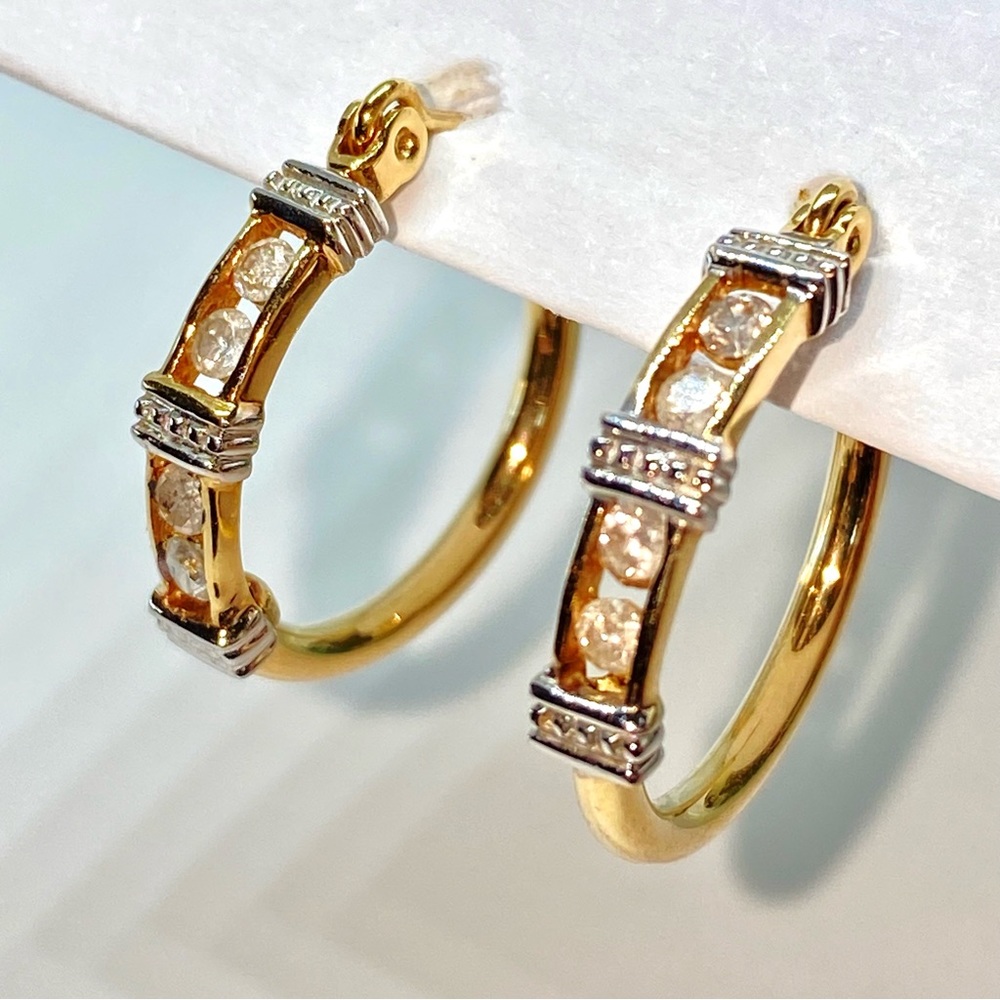 SALE!! 14K White and Yellow Gold Diamond Hoop Earrings